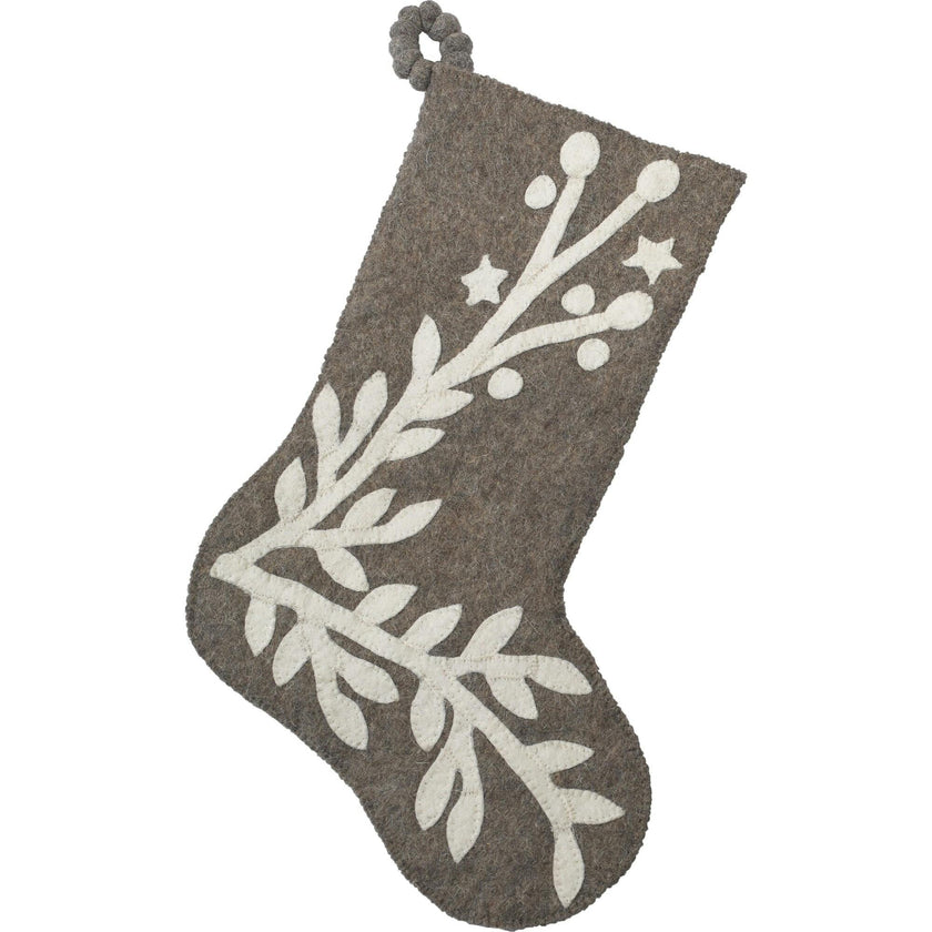 Hand Felted Wool Christmas Stocking, Stars and Branch Gray