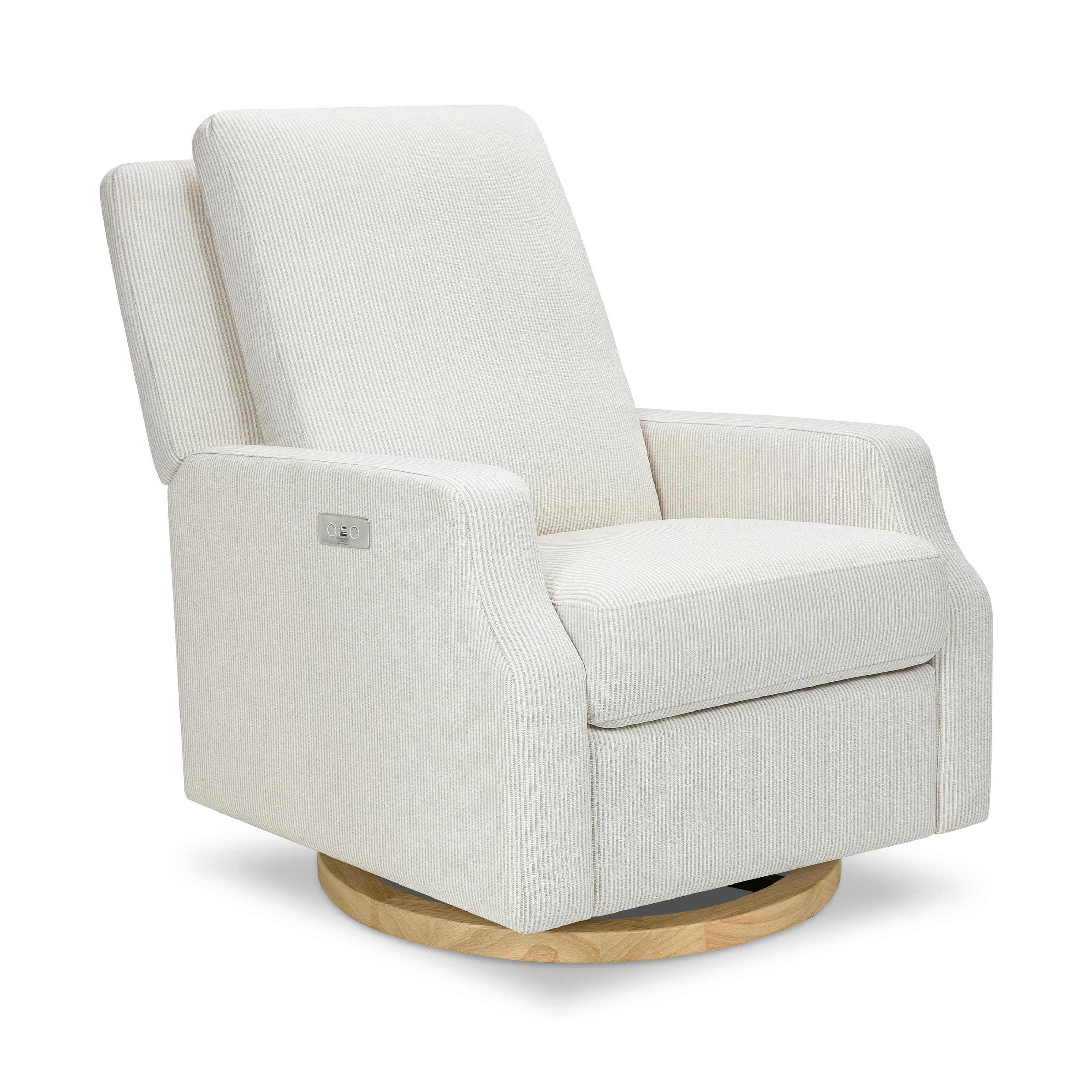 Crewe Electronic Recliner and Swivel Glider in Fog Chatham Stripe Light Wood Base