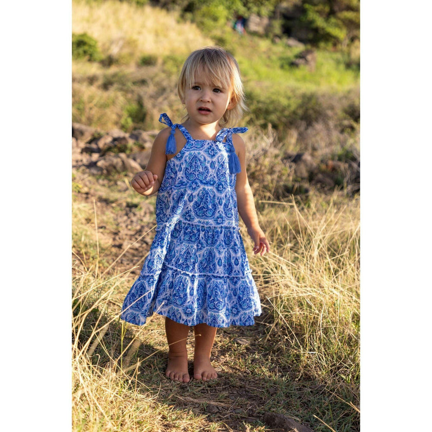 Bella Girl's Shoulder Tie Sundress Blue Paisley, Blue