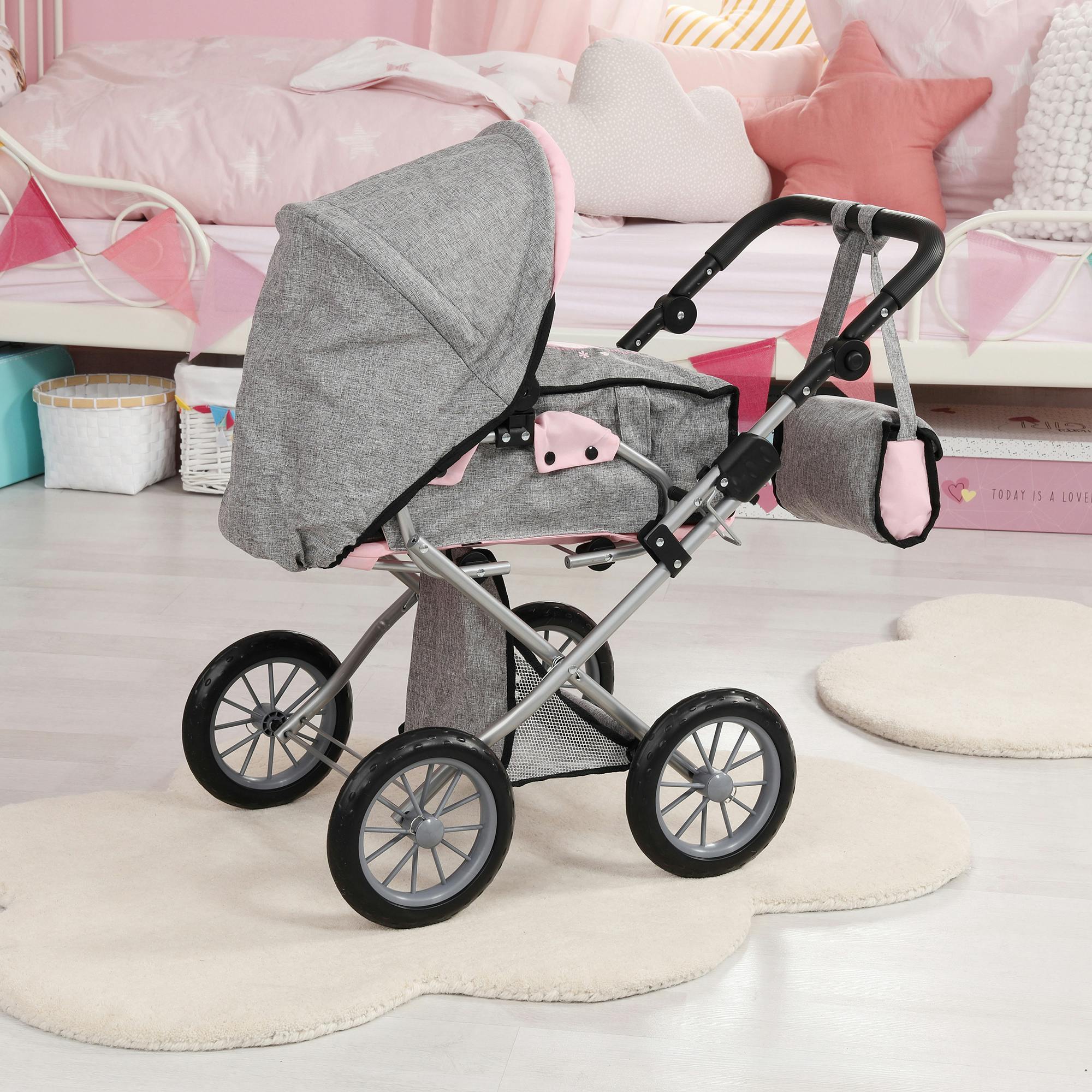 Bayer Design Dolls: Pram City Star - Grey, Pink, Butterfly