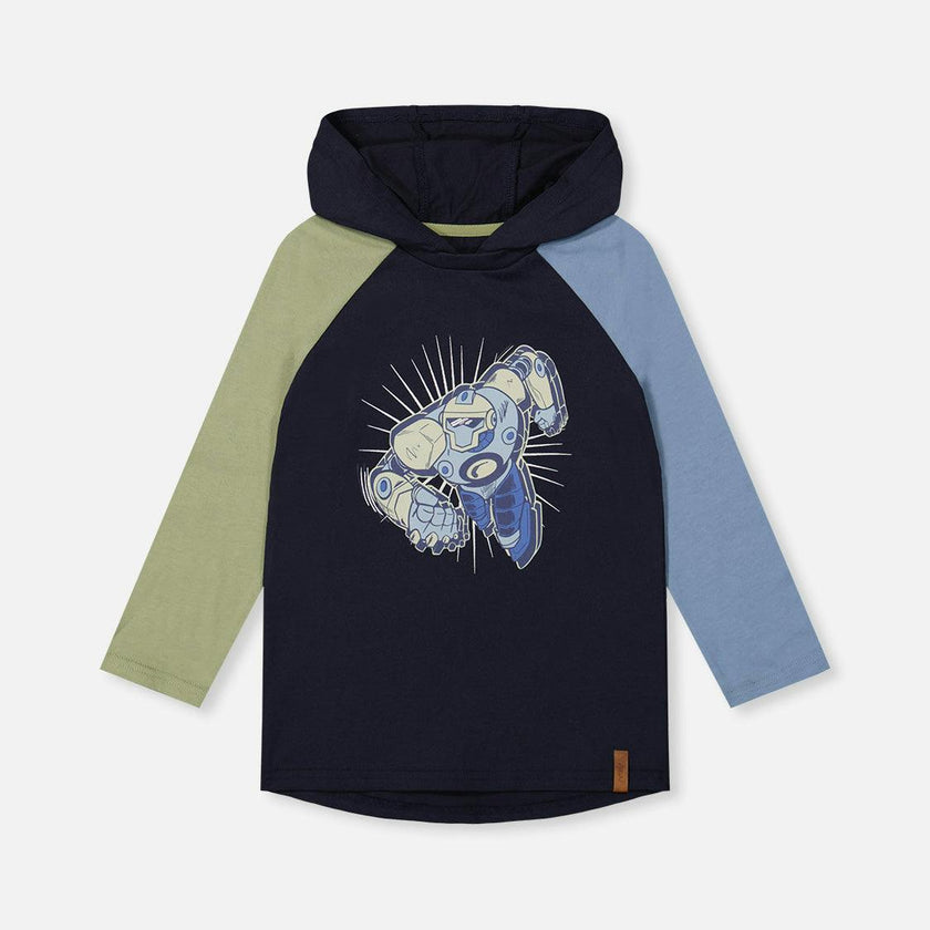 Raglan Hooded T-Shirt Dark Blue and Green