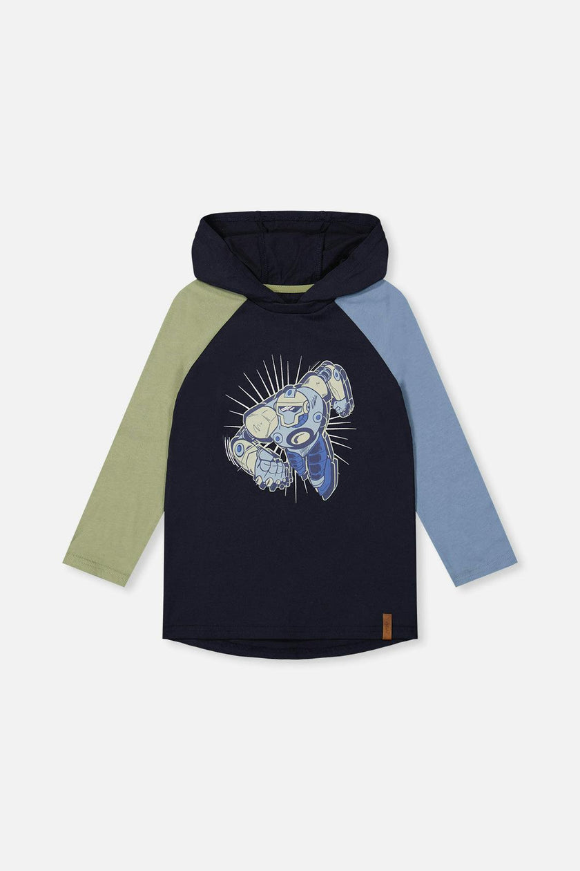 Raglan Hooded T-Shirt Dark Blue and Green