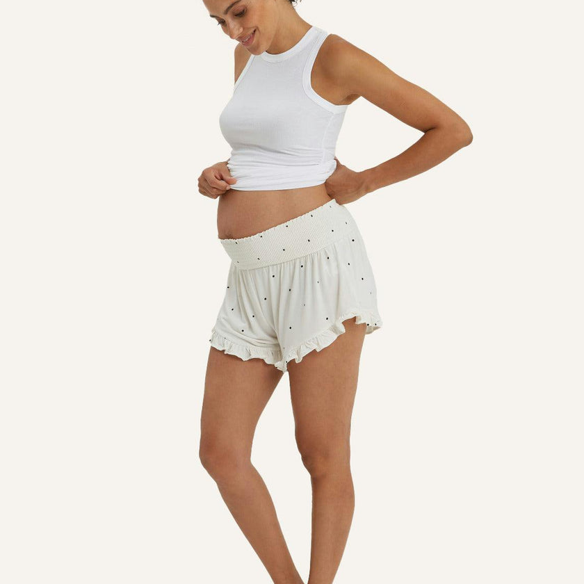 Women's Fleur Smocked Waist Ruffle Trim Maternity Short