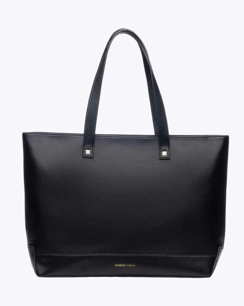 Vegan Leather Work Tote Bag with Removable Insulated Pouch, Black