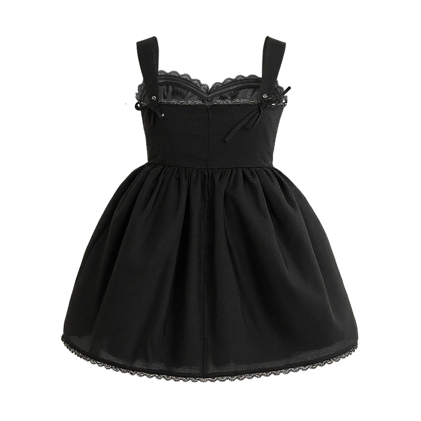 Black Belgata Lace Trim Flared Dress