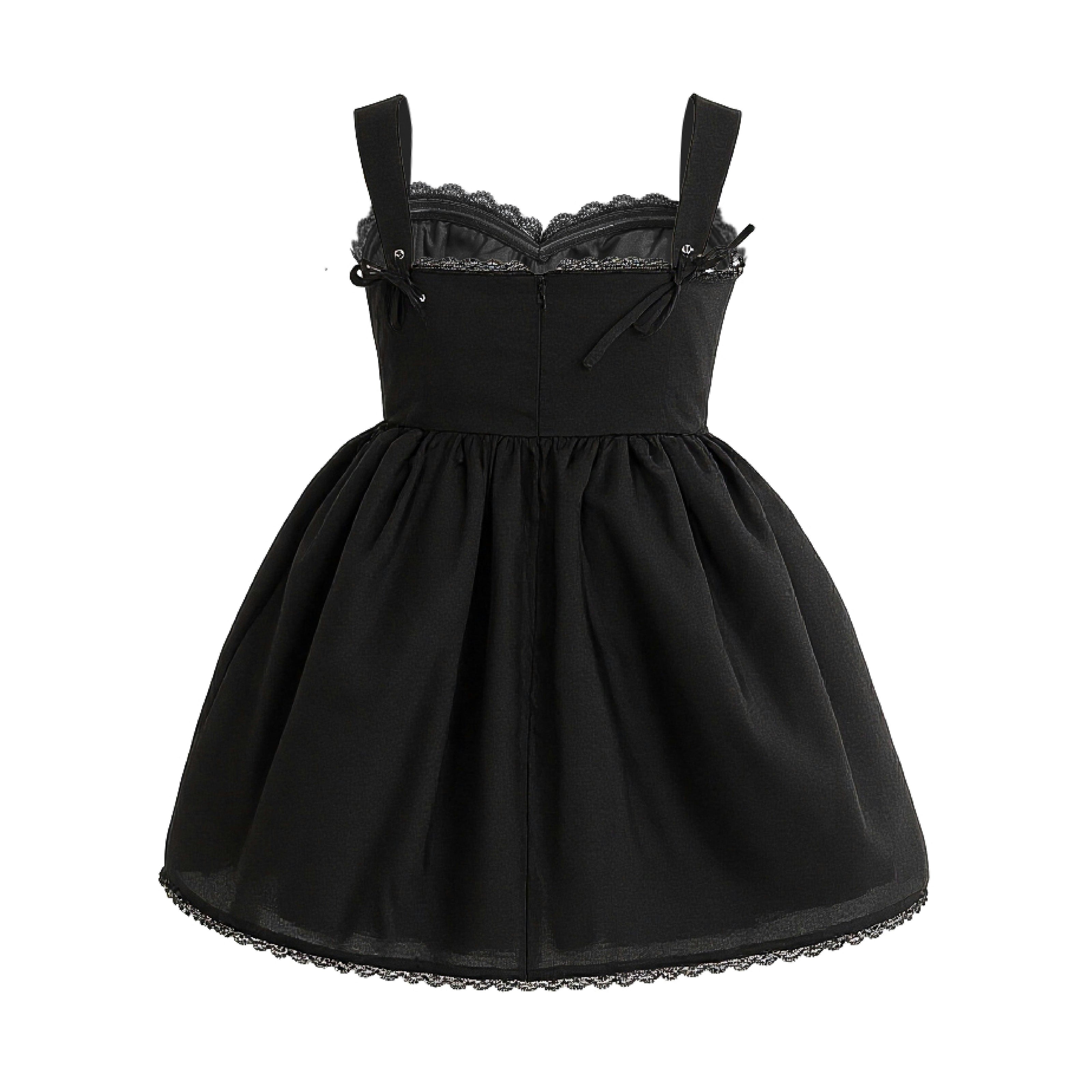 Black Belgata Lace Trim Flared Dress