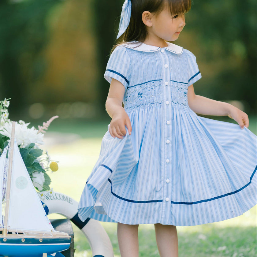 Riviera Blue Stripe Short Sleeve Smocked Dress
