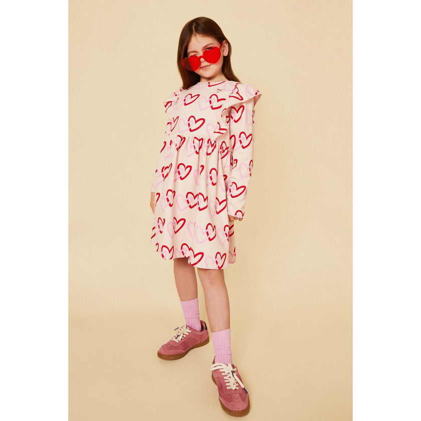 Recycled Cotton Hearts Kid Ruffle Dress, Pink