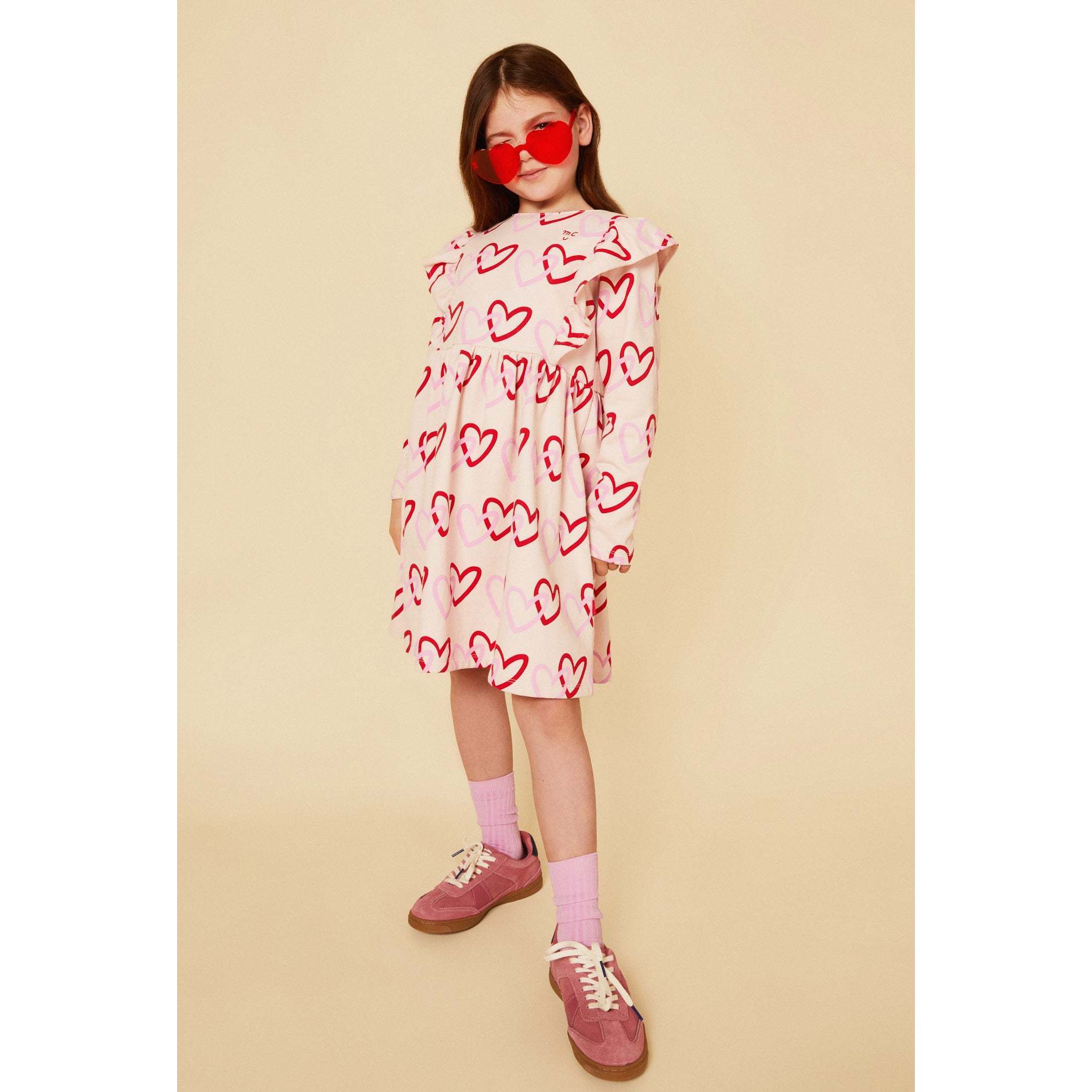 Recycled Cotton Hearts Kid Ruffle Dress, Pink