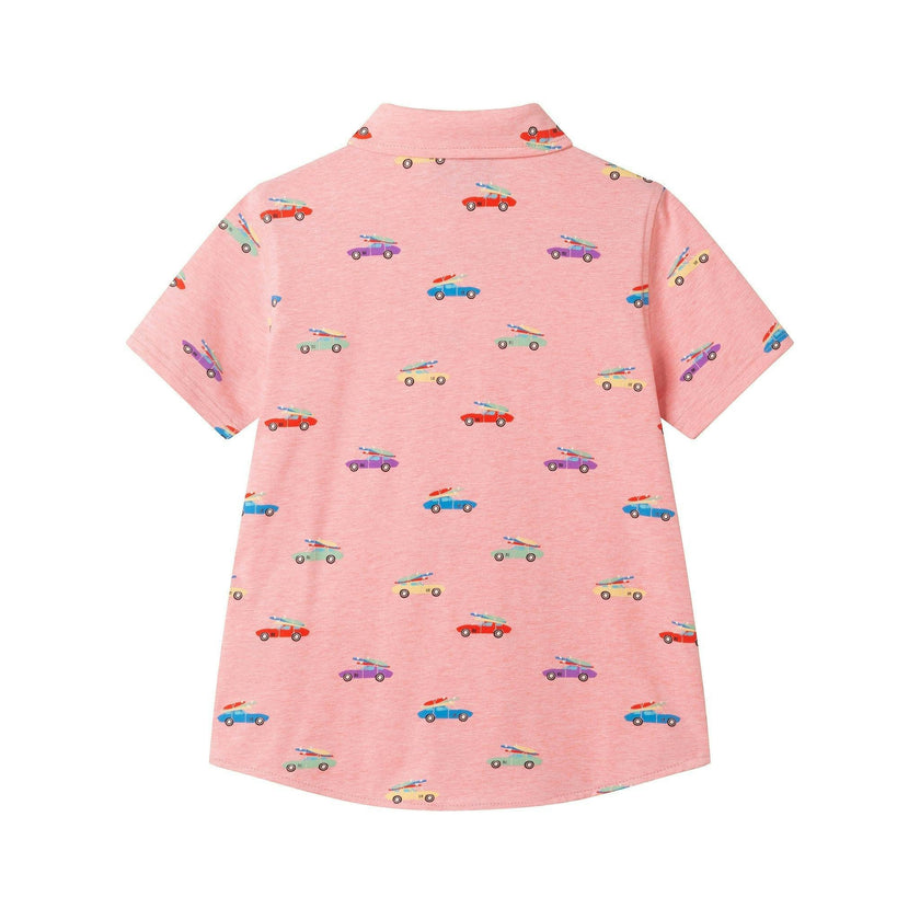 Boys Blue Printed Knit Buttondown | Orange Cars