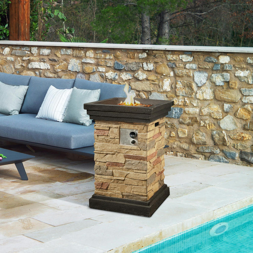20" Outdoor Square Slate Rock Propane Gas Fire Pit With Steel Base