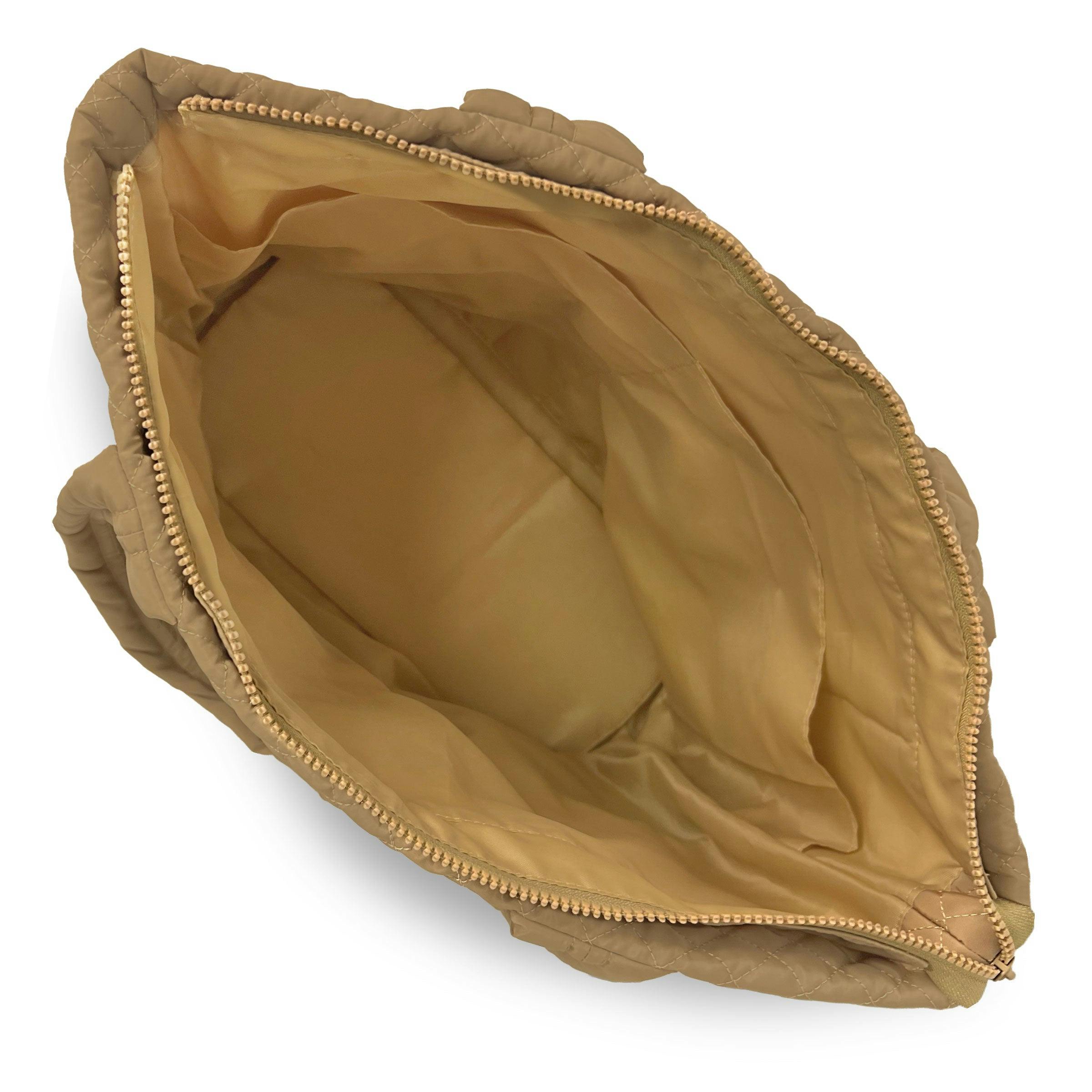 Newport Two-Tone Quilted Tote Bag with Zipper Closure - Dark/Light Khaki