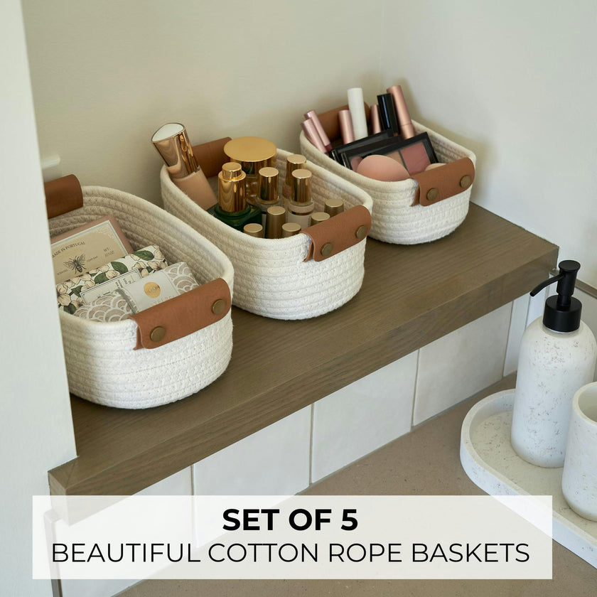 Beautiful Storage Basket Set of 5 - Modern Cotton Rope Baskets for Organizing Shelves - Perfect Bins for Nursery, Changing Table, Office and Living Room