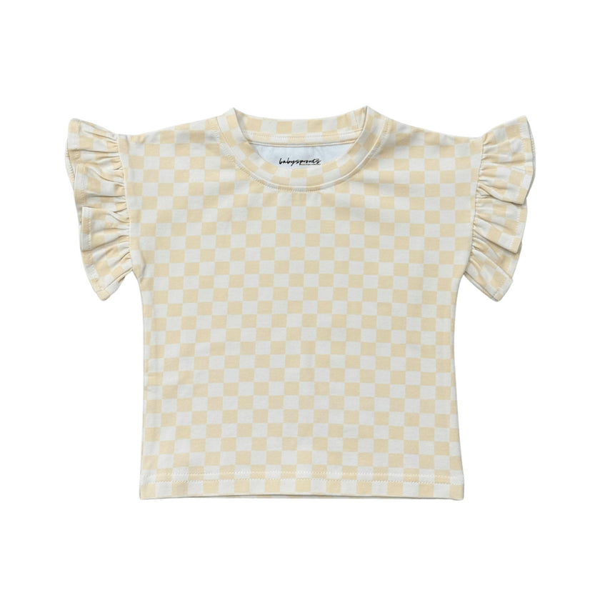 Girls Ruffle Sleeve Top in Checkered in Rutabaga