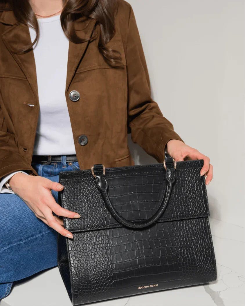 Large, Insulated, Chic Lunchbox, Black Croc