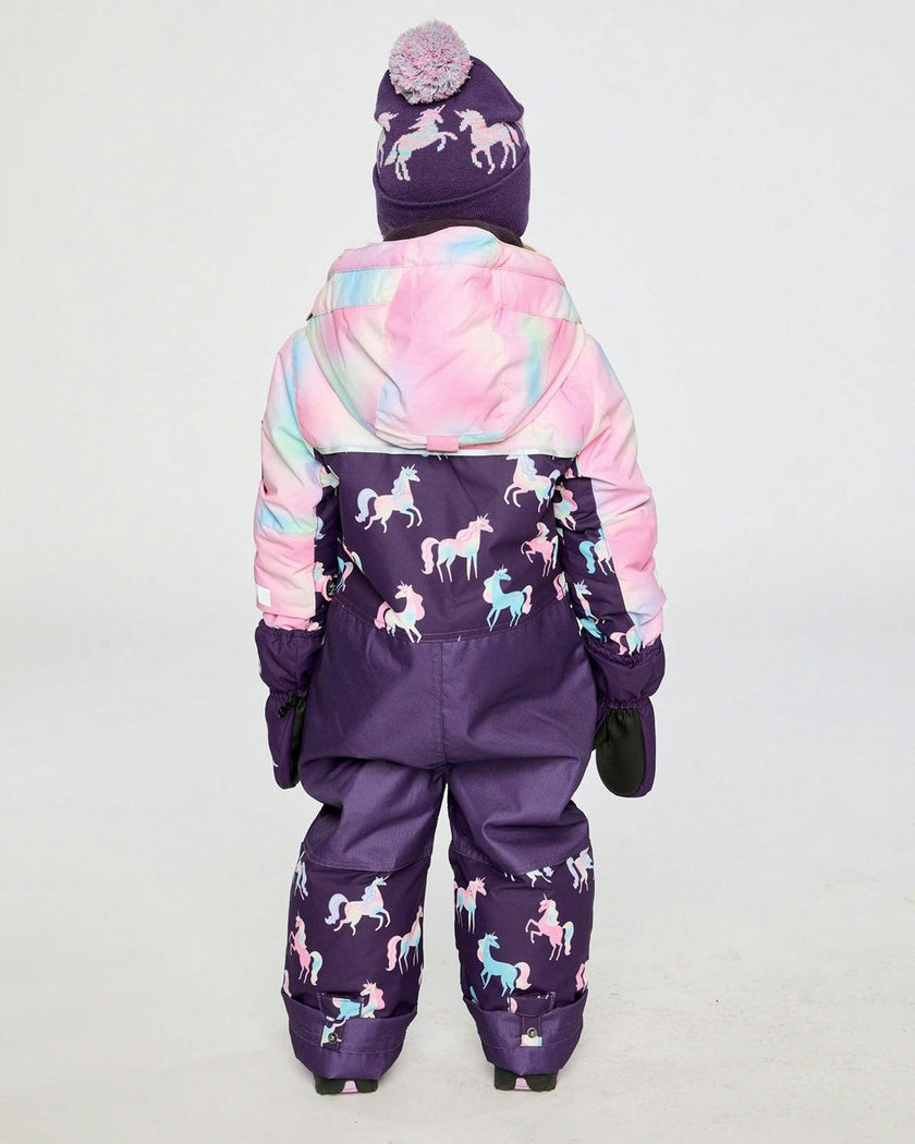 Kids One Piece Play Snowsuit Purple Unicorn Print