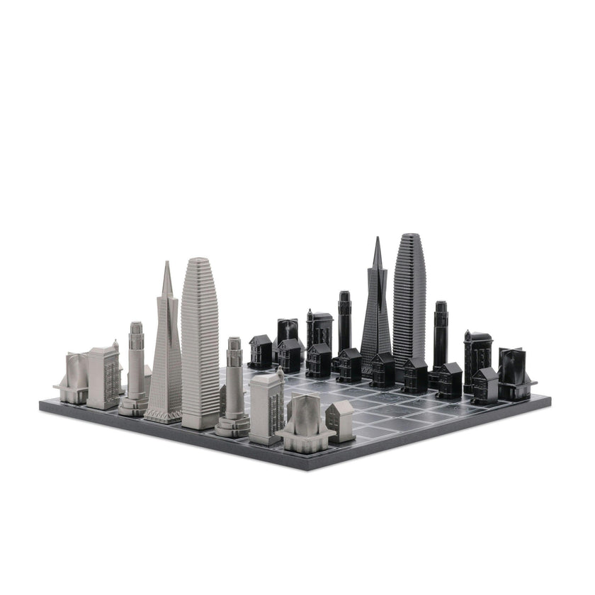 Chess Set Stainless Steel SAN FRANCISCO with Wood Map Board