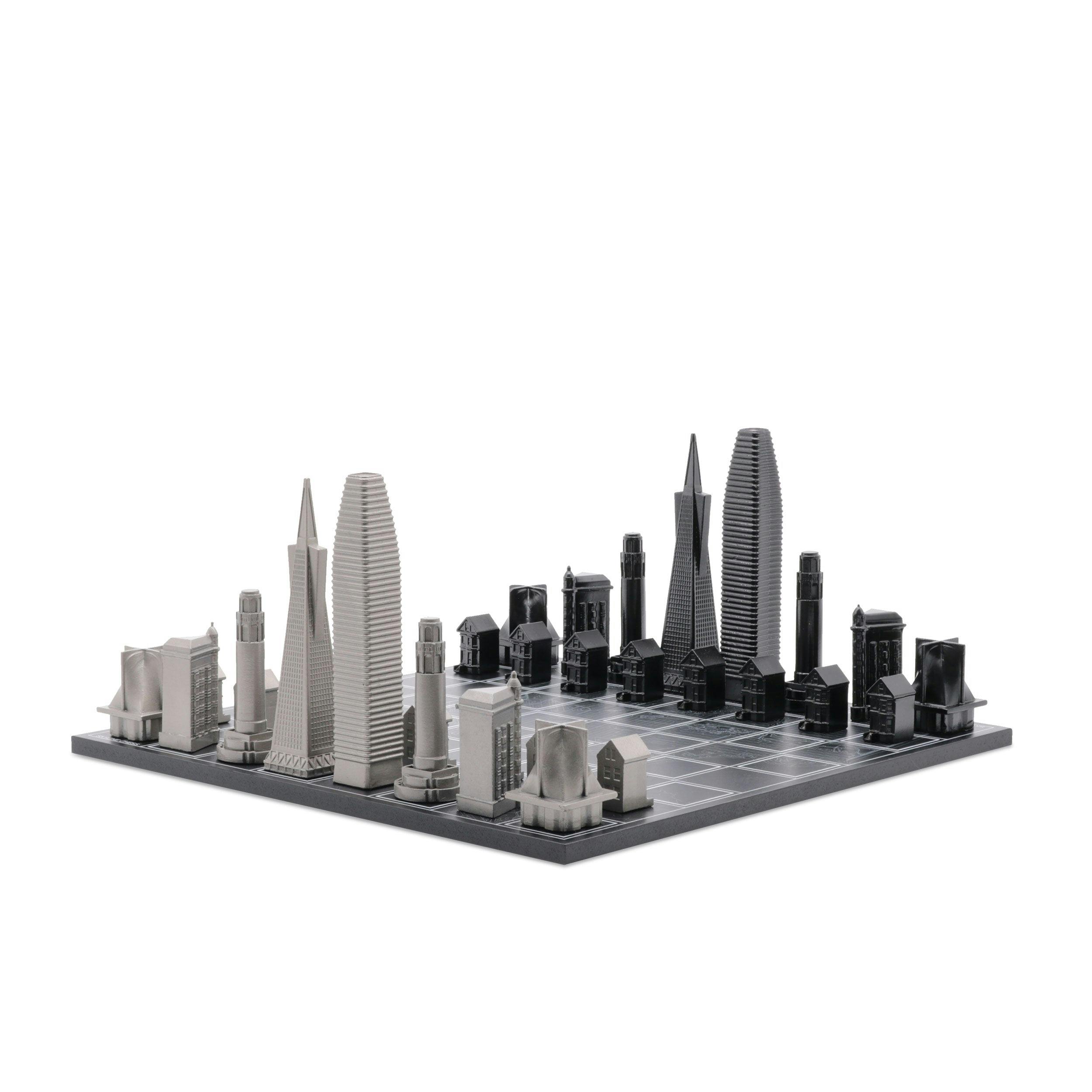 Chess Set Stainless Steel SAN FRANCISCO with Wood Map Board