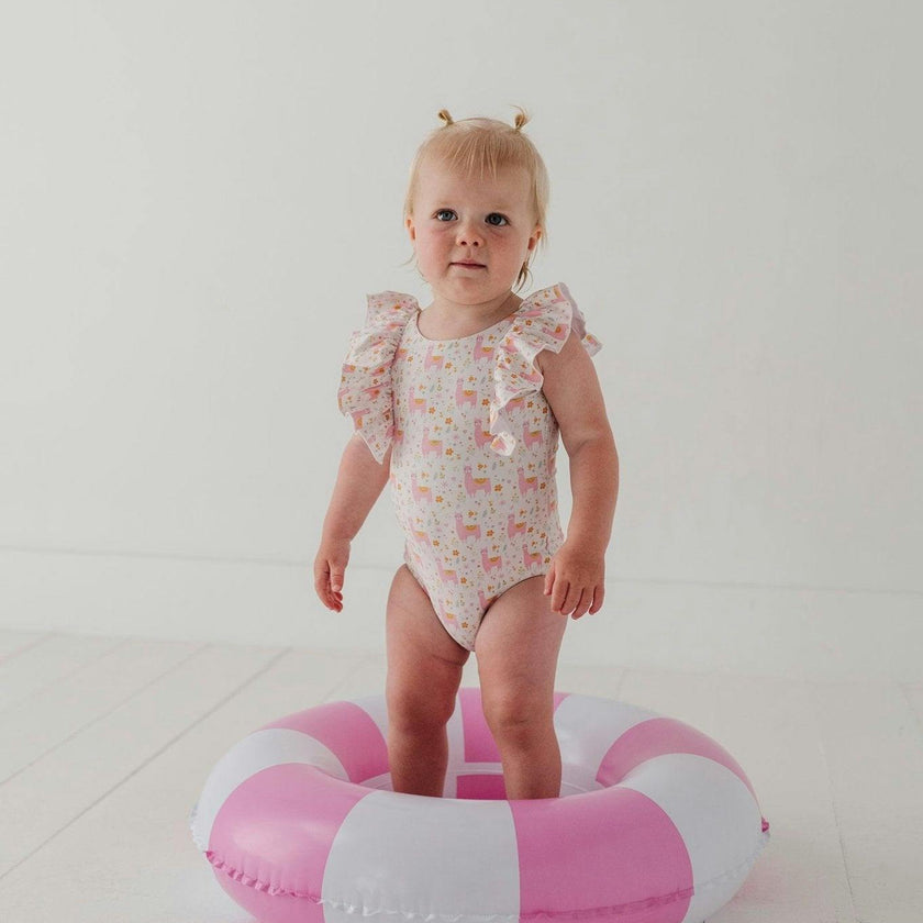 Baby Girl Ruffle Sleeve Cross Back Swimsuit in Sketched Daisy