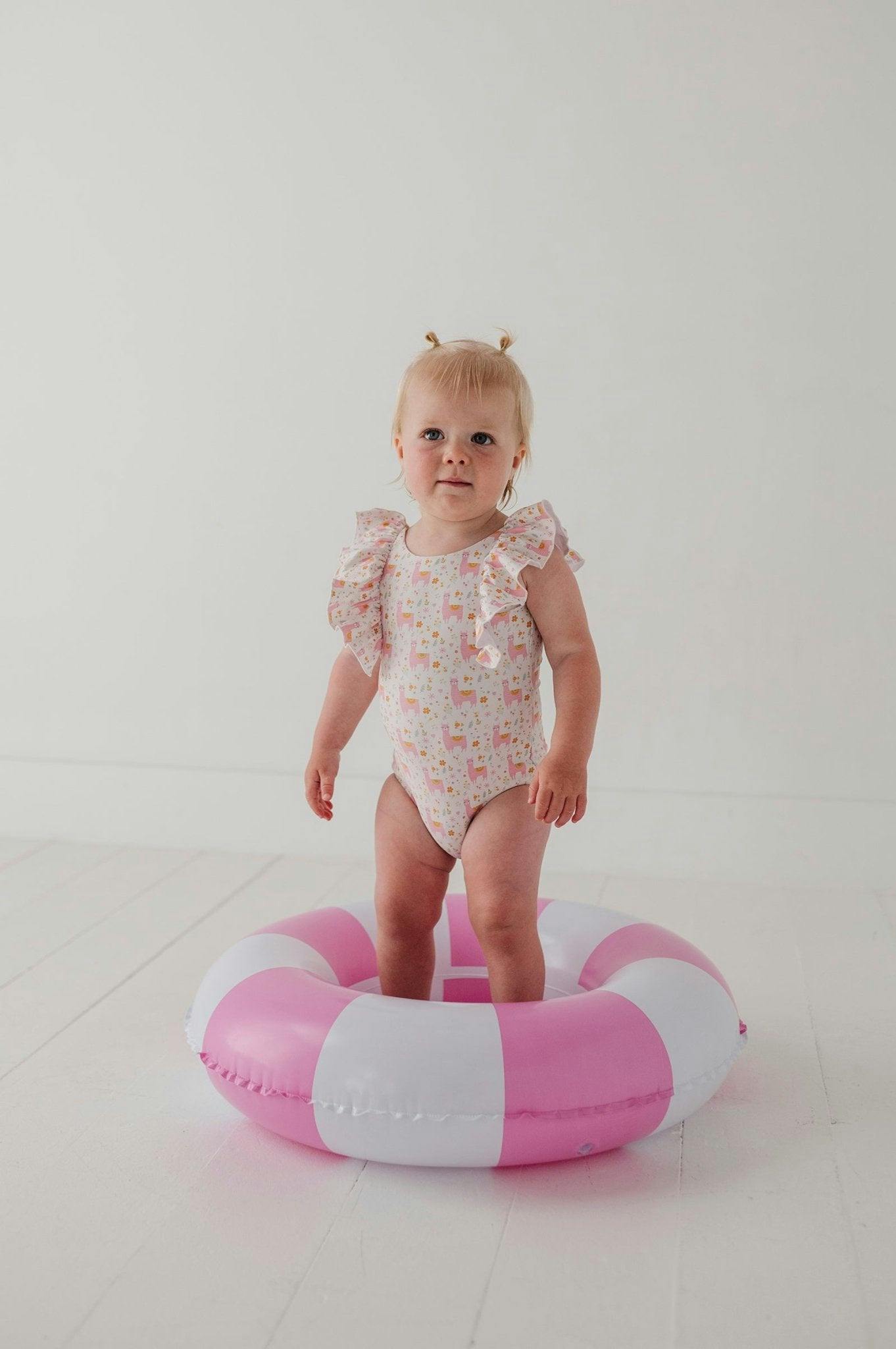 Baby Girl Ruffle Sleeve Cross Back Swimsuit in Sketched Daisy
