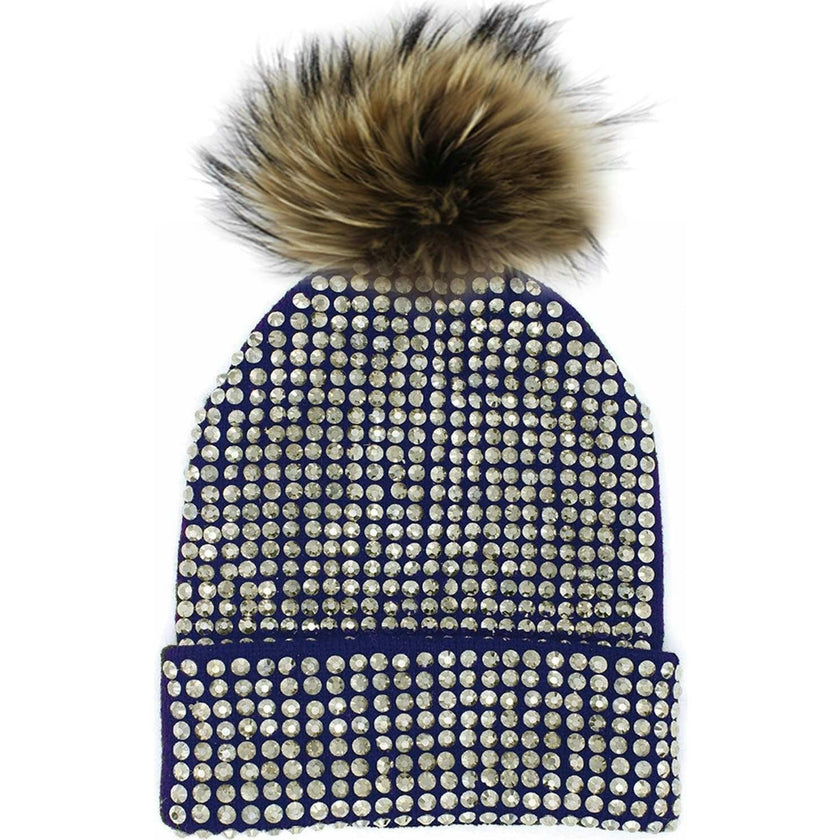 Studded Crystal Faux Fur Pom Pom Beanie
