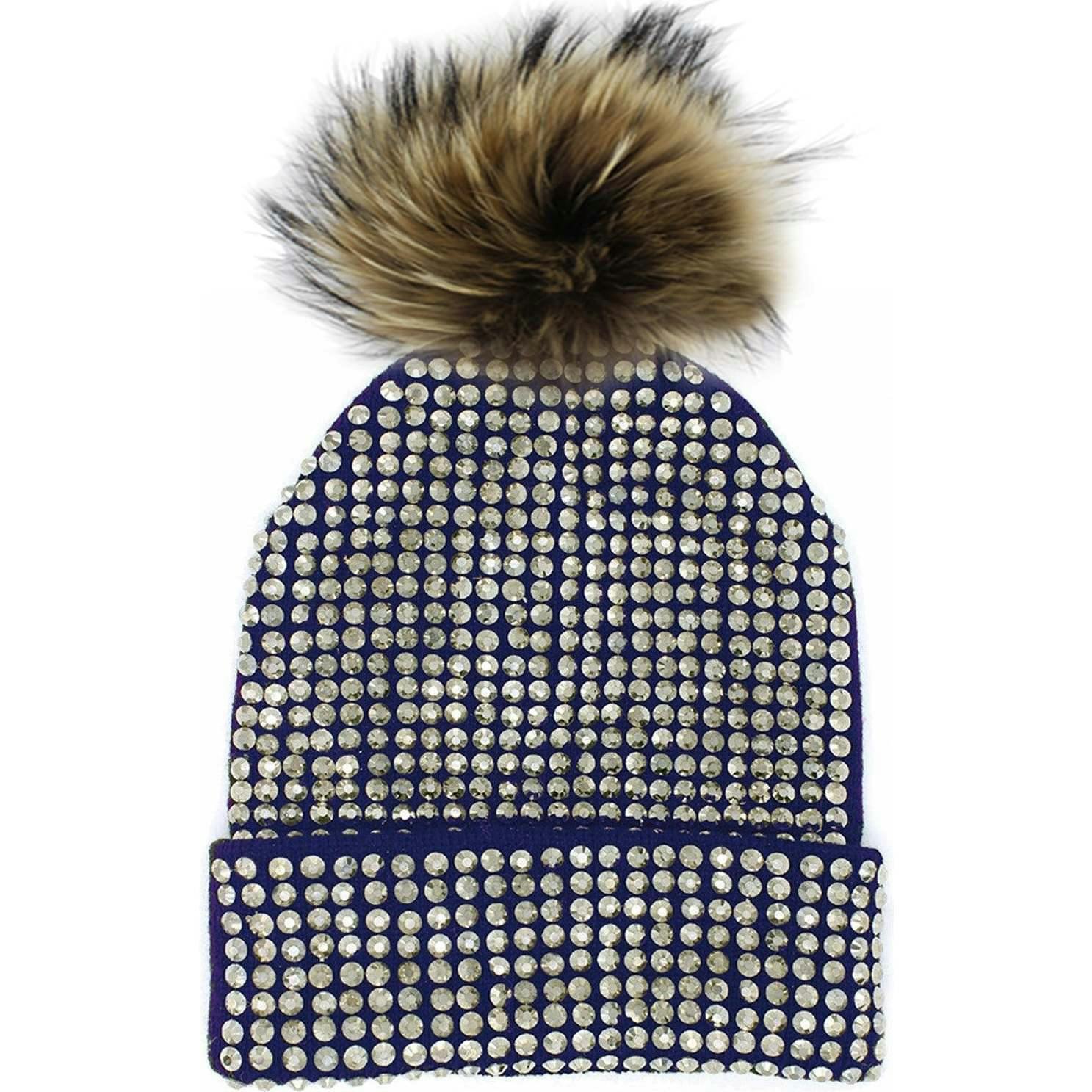 Studded Crystal Faux Fur Pom Pom Beanie