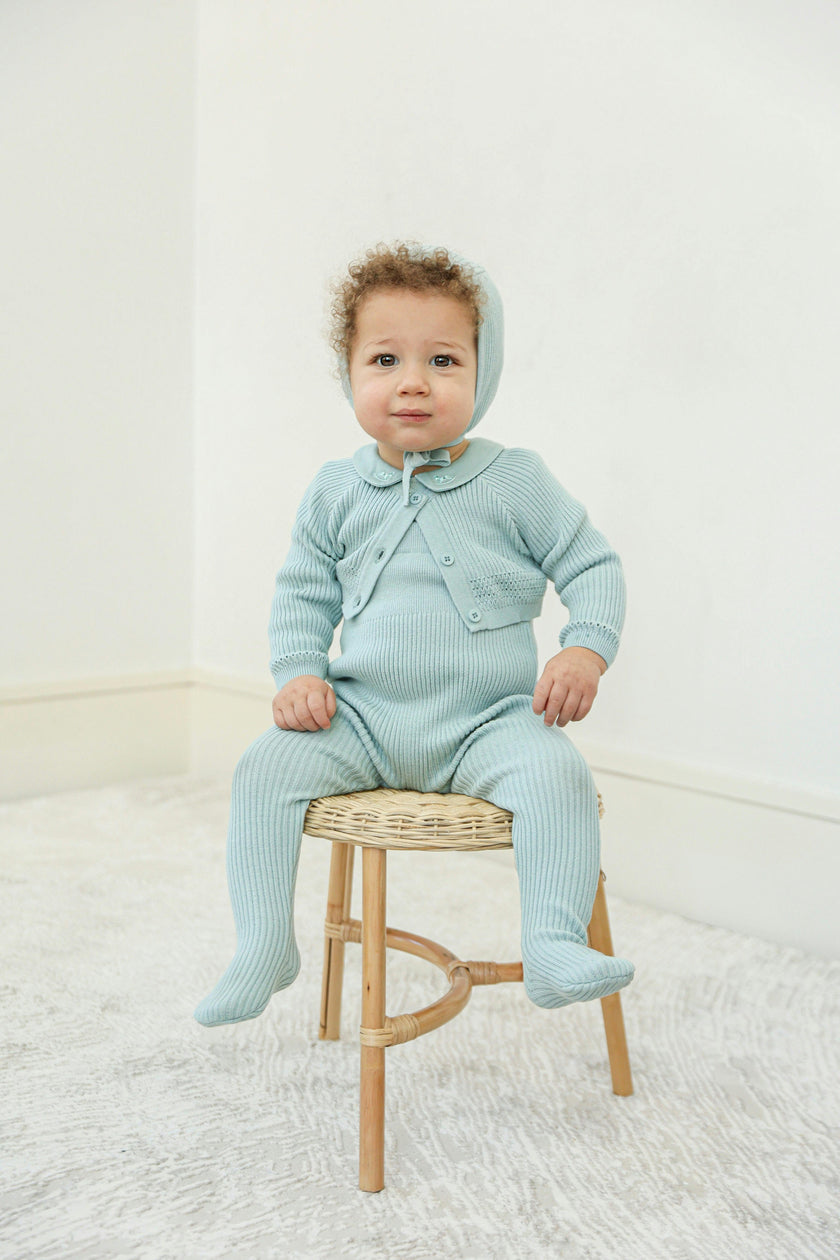 Embroidered Romper, Cardigan, and Bonnet Three Piece Set