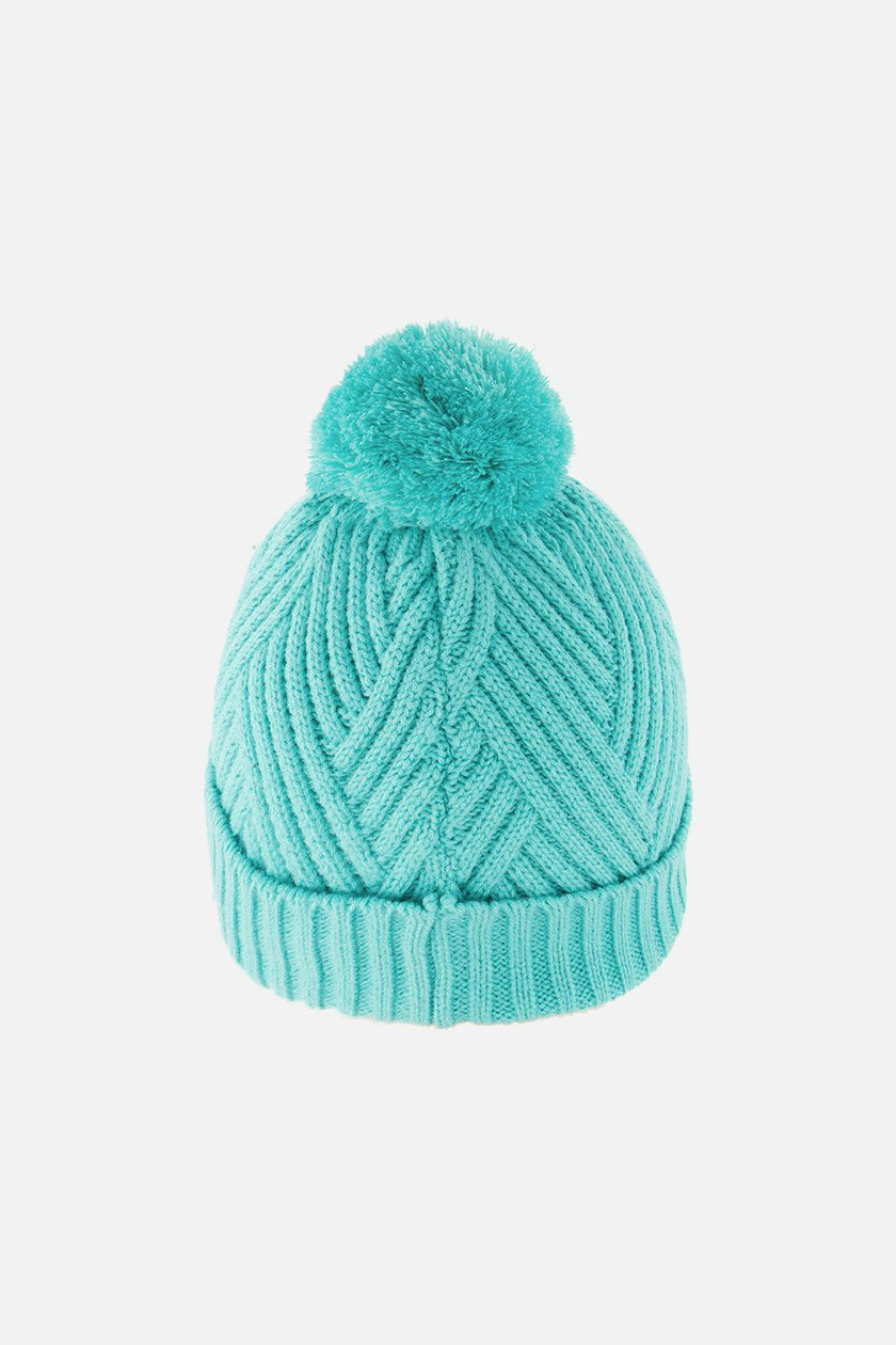 Winter Knit Hat with Pompom Turquoise Blue