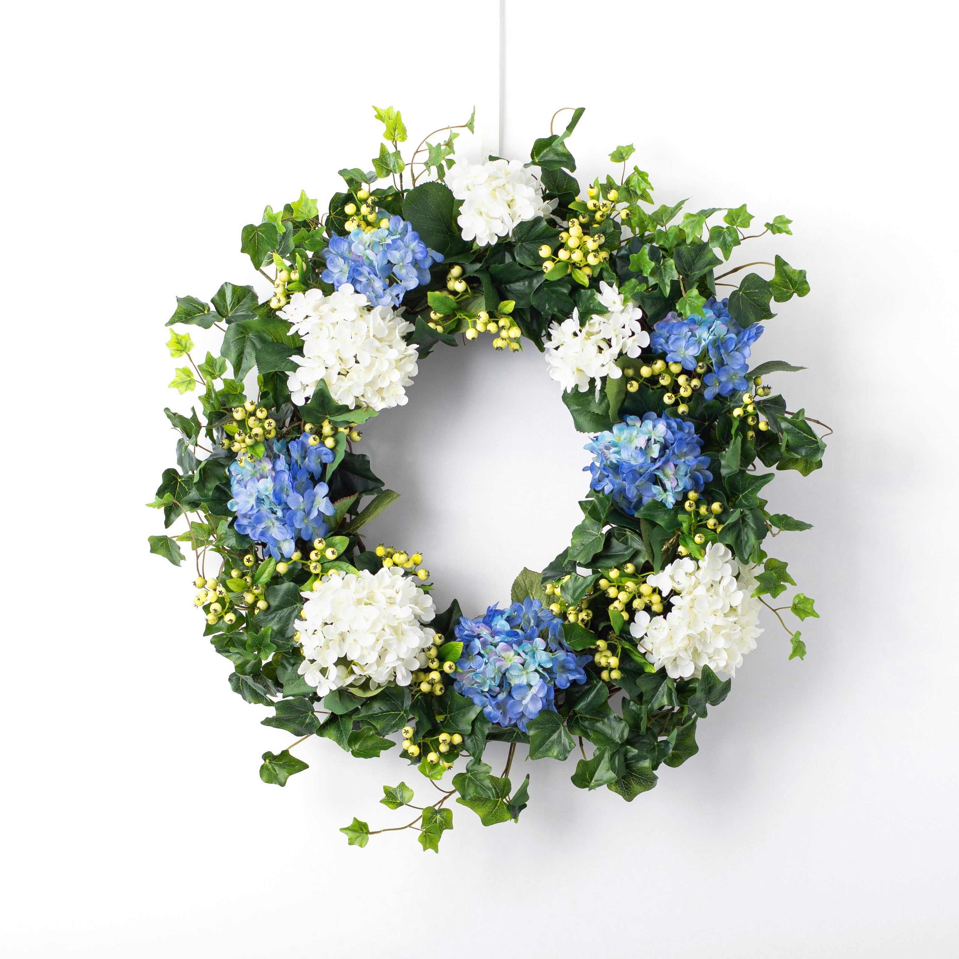 Blue & White Hydrangea, English Ivy & Berry Everyday Spring Front Door Wreath
