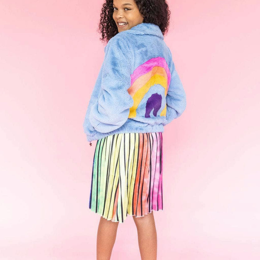 Rainbow Faux Fur Coat Baby Blue