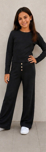 Girls Waffle Long Sleeve Top And Flare Pants Set