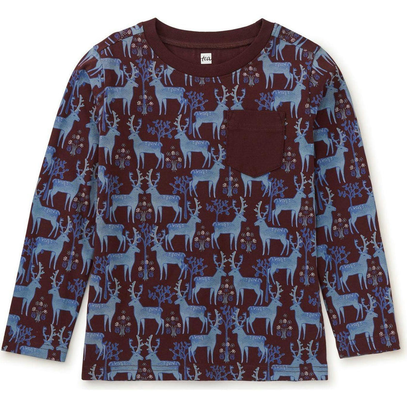 Long Sleeve Printed Pocket Tee, Blue