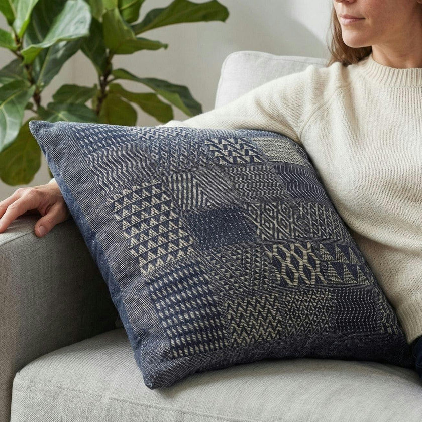 Artisan Hand Loomed Cotton Square Pillow - Indigo Blocks - 24" Arcadia Home