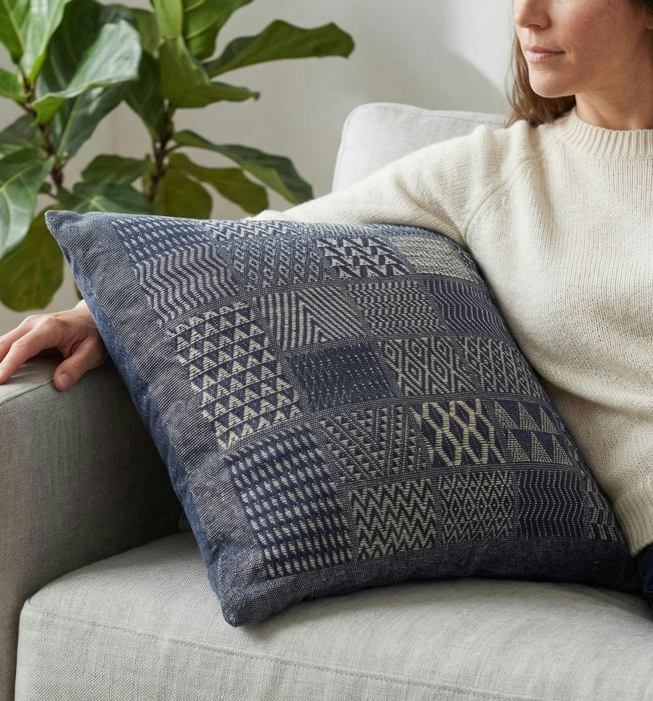 Artisan Hand Loomed Cotton Square Pillow - Indigo Blocks - 24
