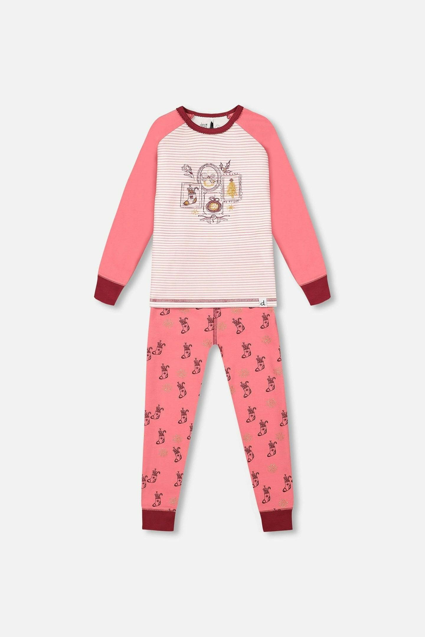 Organic Cotton Long Sleeve Two Piece Printed Christmas Stocking Pajama Set Pink