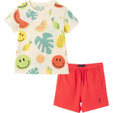 Kids Allover Fun Print Graphic Tee & Red French Terry Rib Short Set