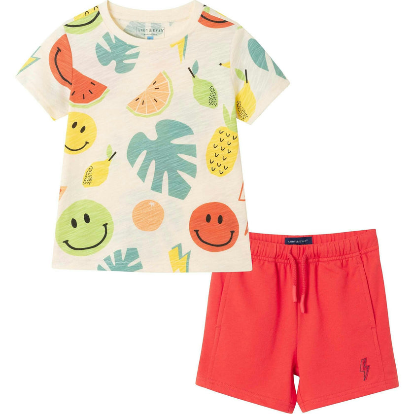 Kids Allover Fun Print Graphic Tee & Red French Terry Rib Short Set