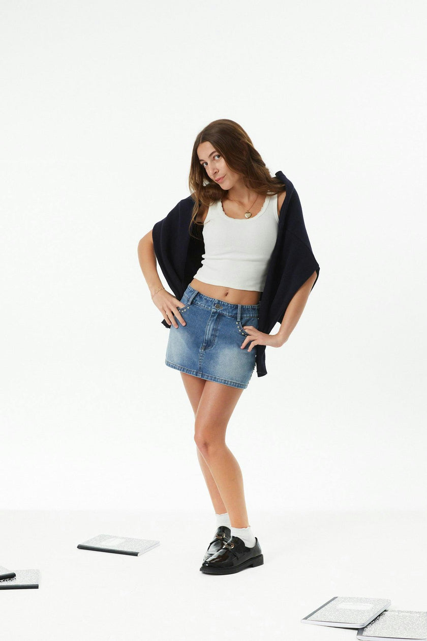 Stella White Ribbed Lace Tank