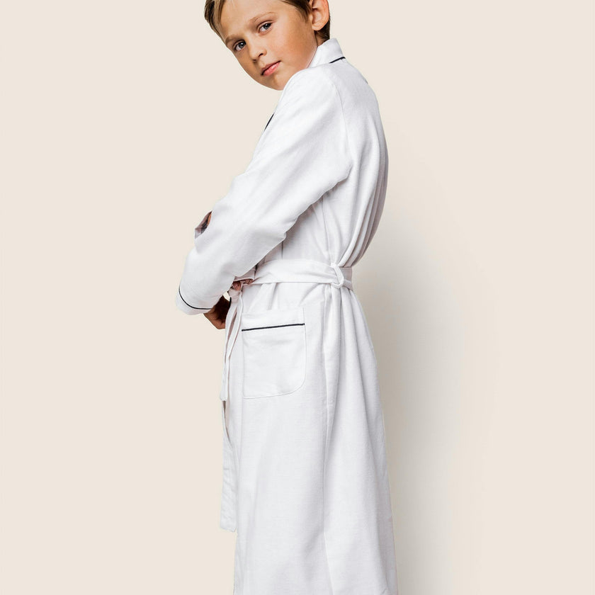 Kid's Flannel Robe in White with Navy Piping