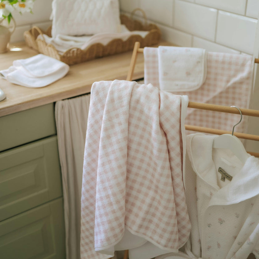 Picnic Gingham Baby Hooded Towel - Pink