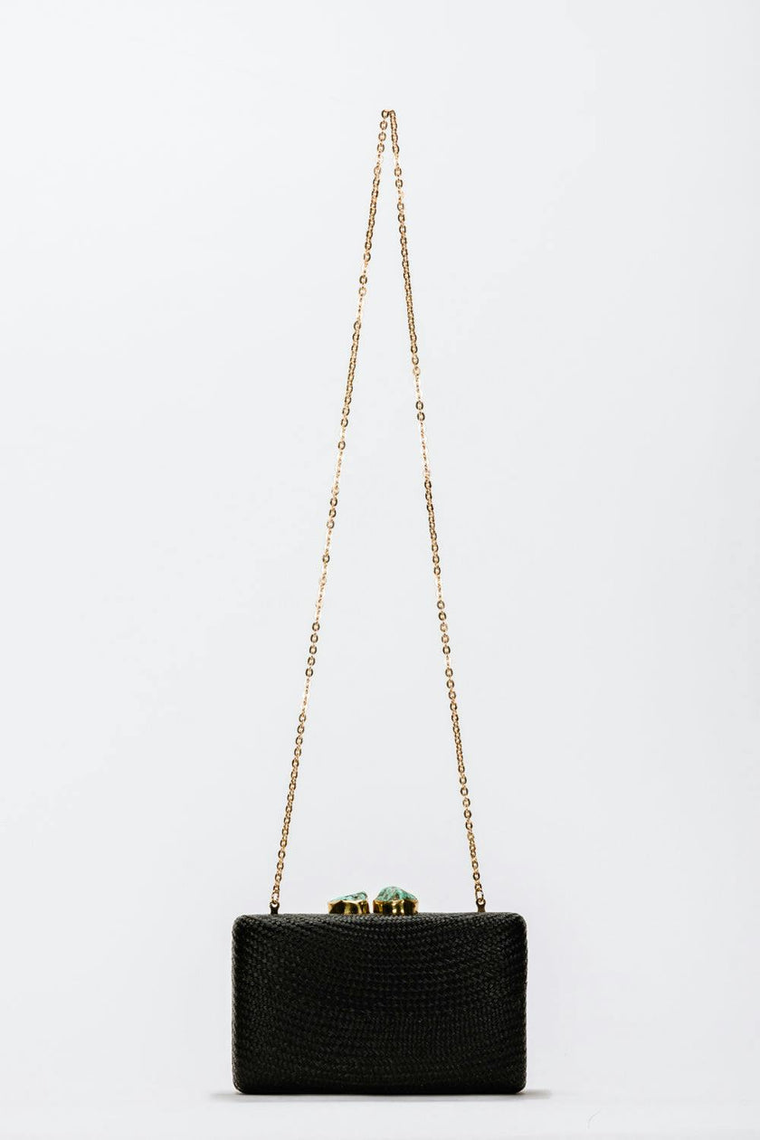 Women's Jen Straw Turquoise Stone Clutch Bag, Black
