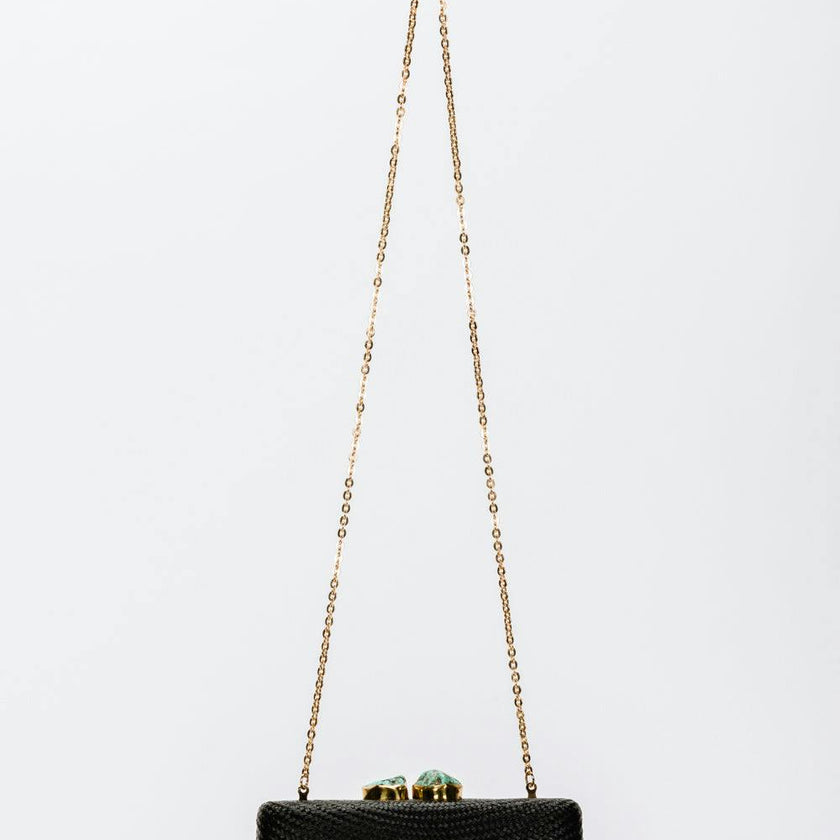 Women's Jen Straw Turquoise Stone Clutch Bag, Black