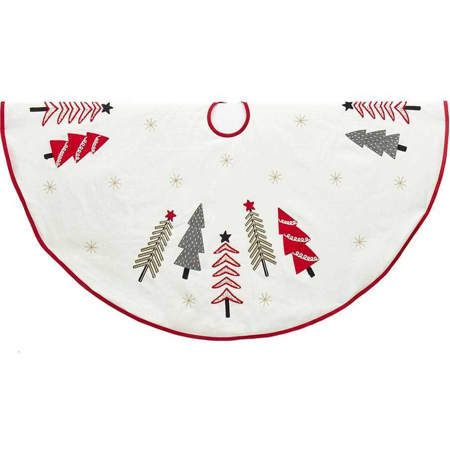 50-Inch Ivory, Green & Red Tree Embroidered Tree Skirt