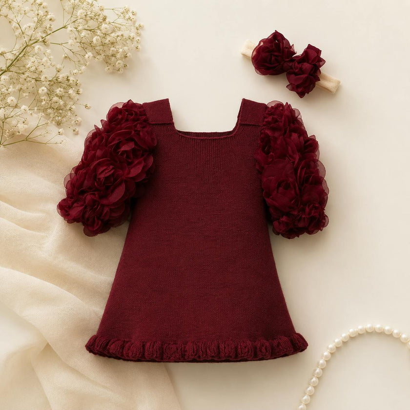 Baby Girl Burgundy Floral Knit Dress + Matching Headband