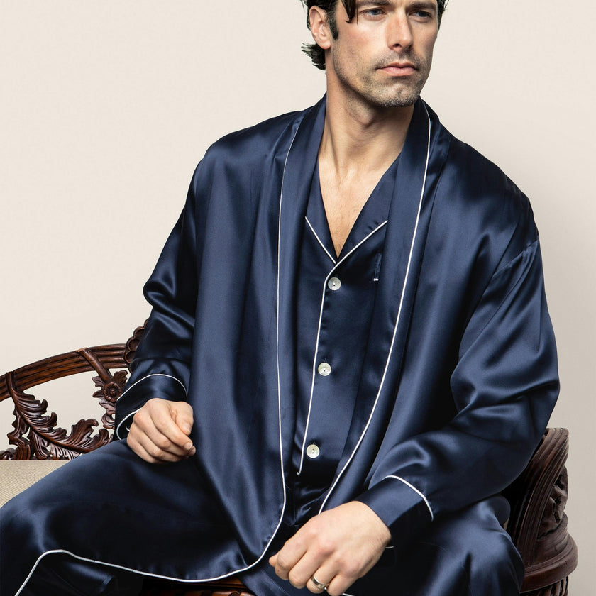 Men's Silk Long Robe in Navy