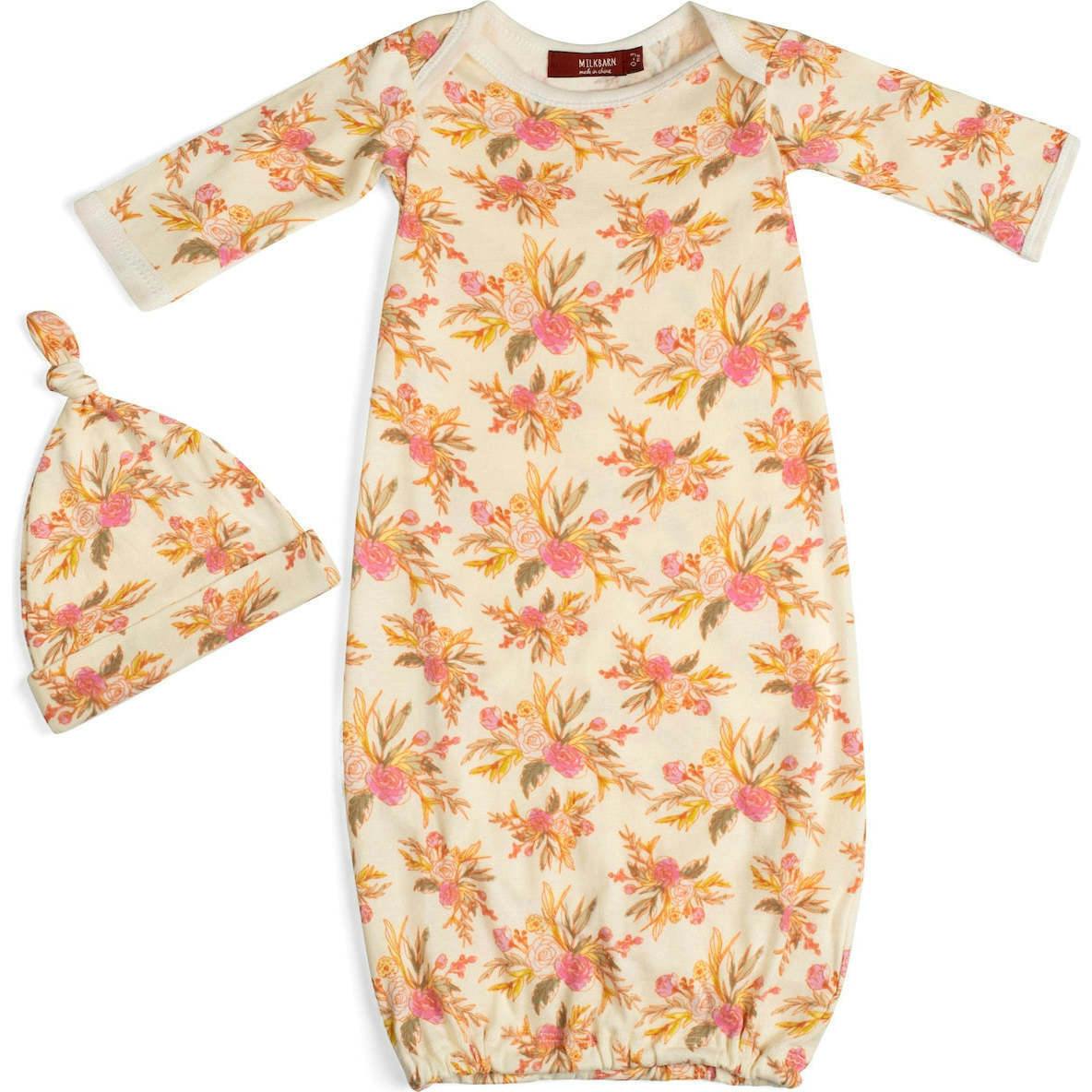 Vintage Floral Organic Cotton Newborn Gown & Hat Set