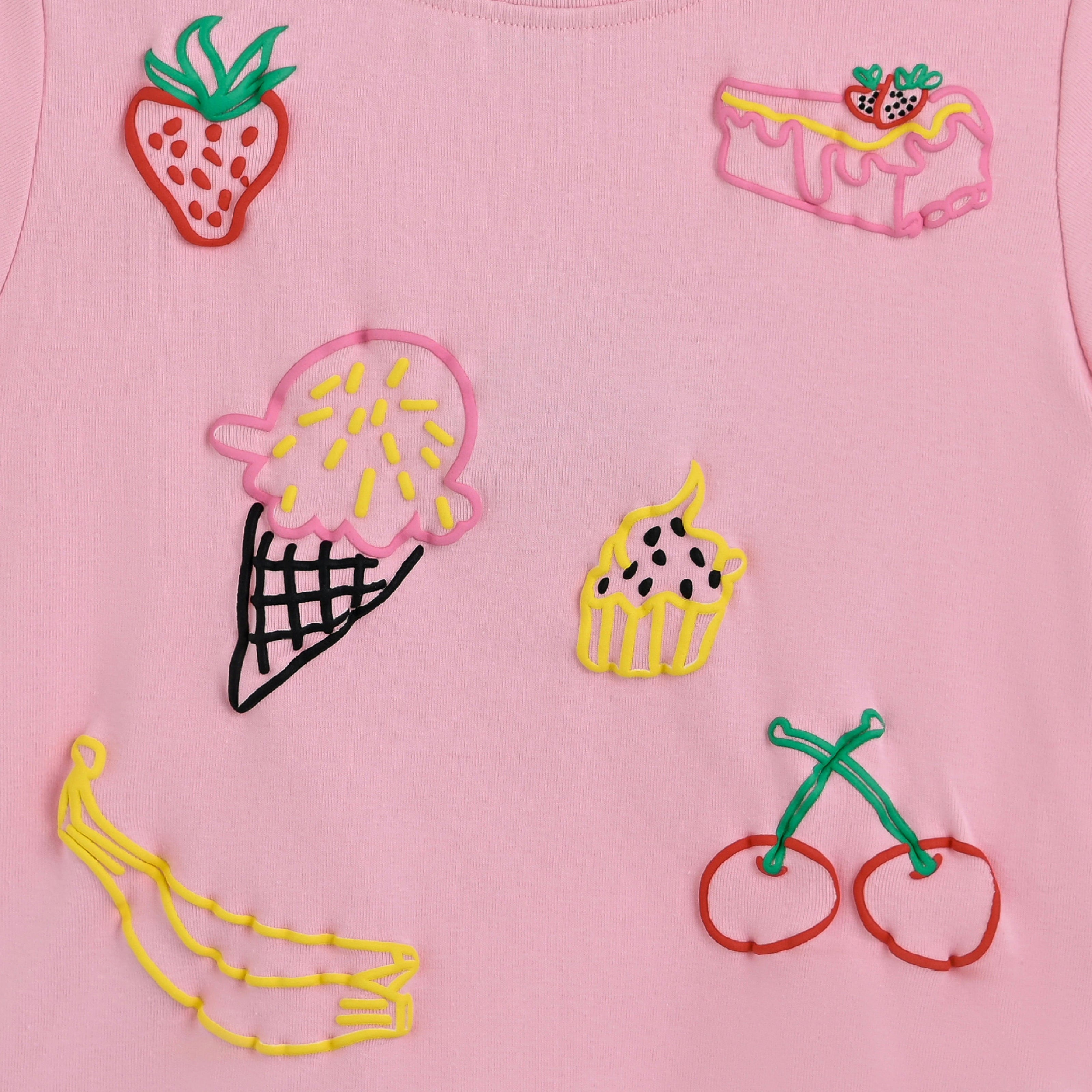 Pink Tee with Food Motifs