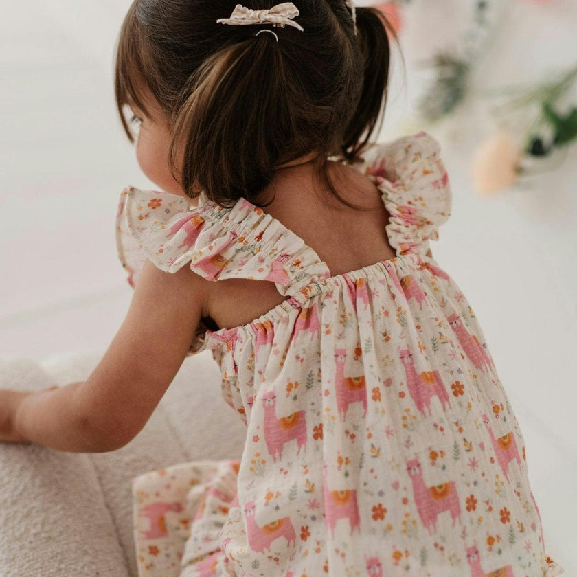 Girls Drop-Waist Peplum Dress in Llamas