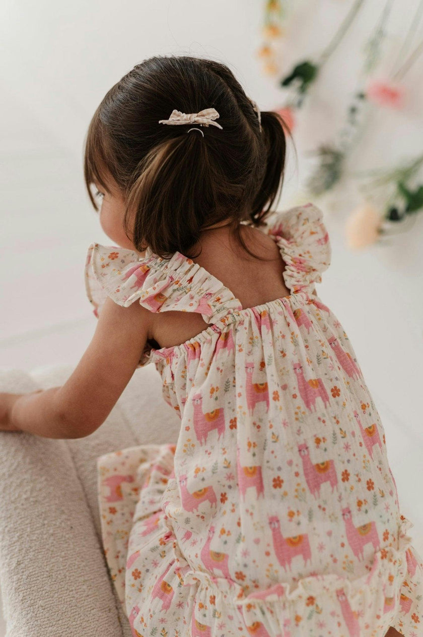 Girls Drop-Waist Peplum Dress in Llamas