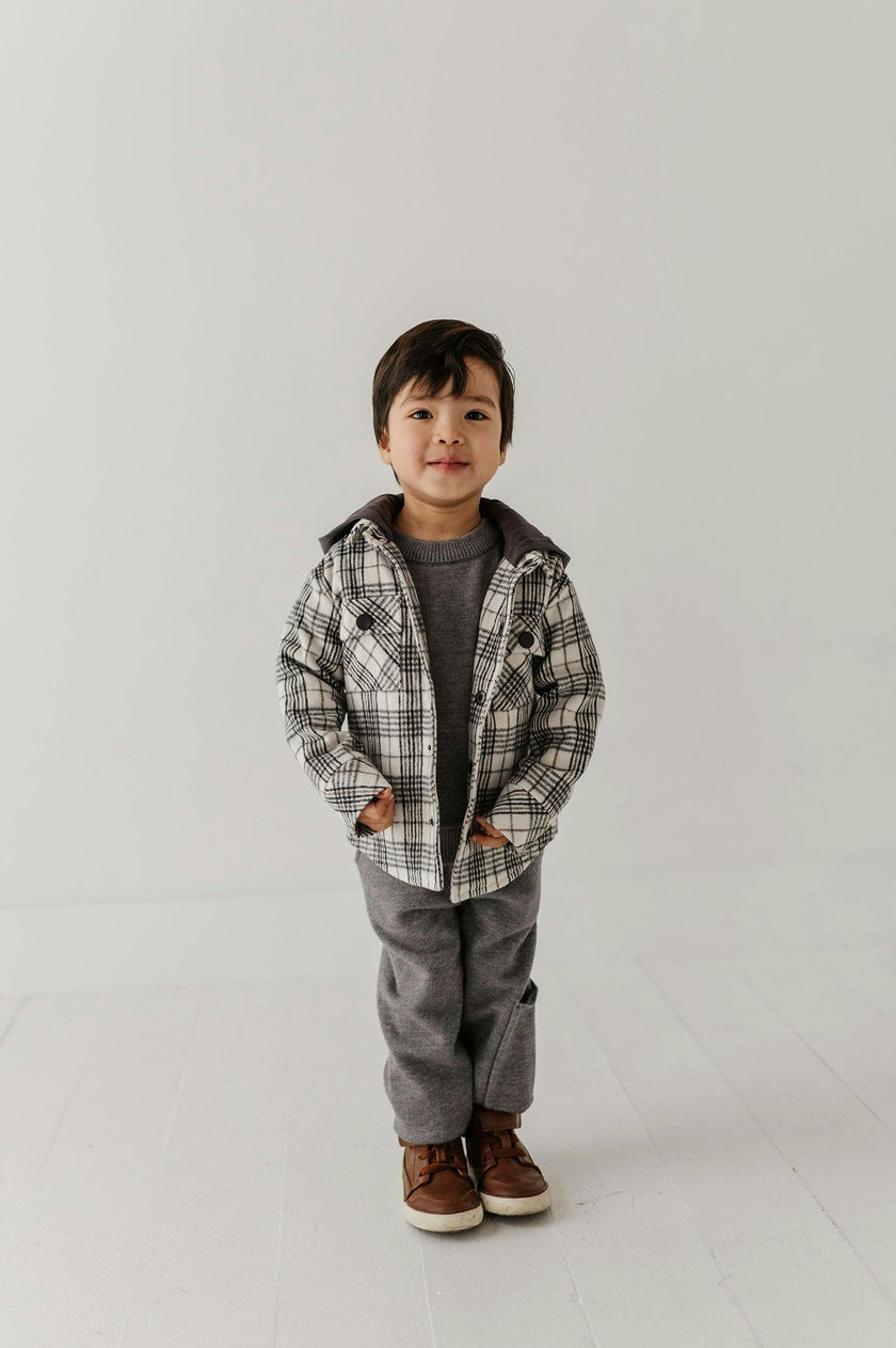 Kids Hooded Shacket in Granite Plaid